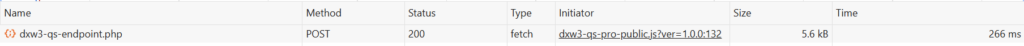 Browser Network timing showing Quick Search Pro WooCommerce filter response time