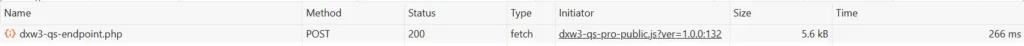 Browser Network timing showing Quick Search Pro WooCommerce filter response time