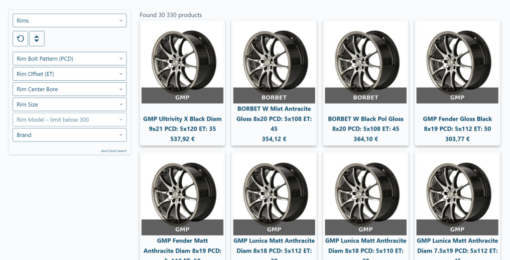 WooCommerce rims category filtered with around 30000 products using Quick Search Pro