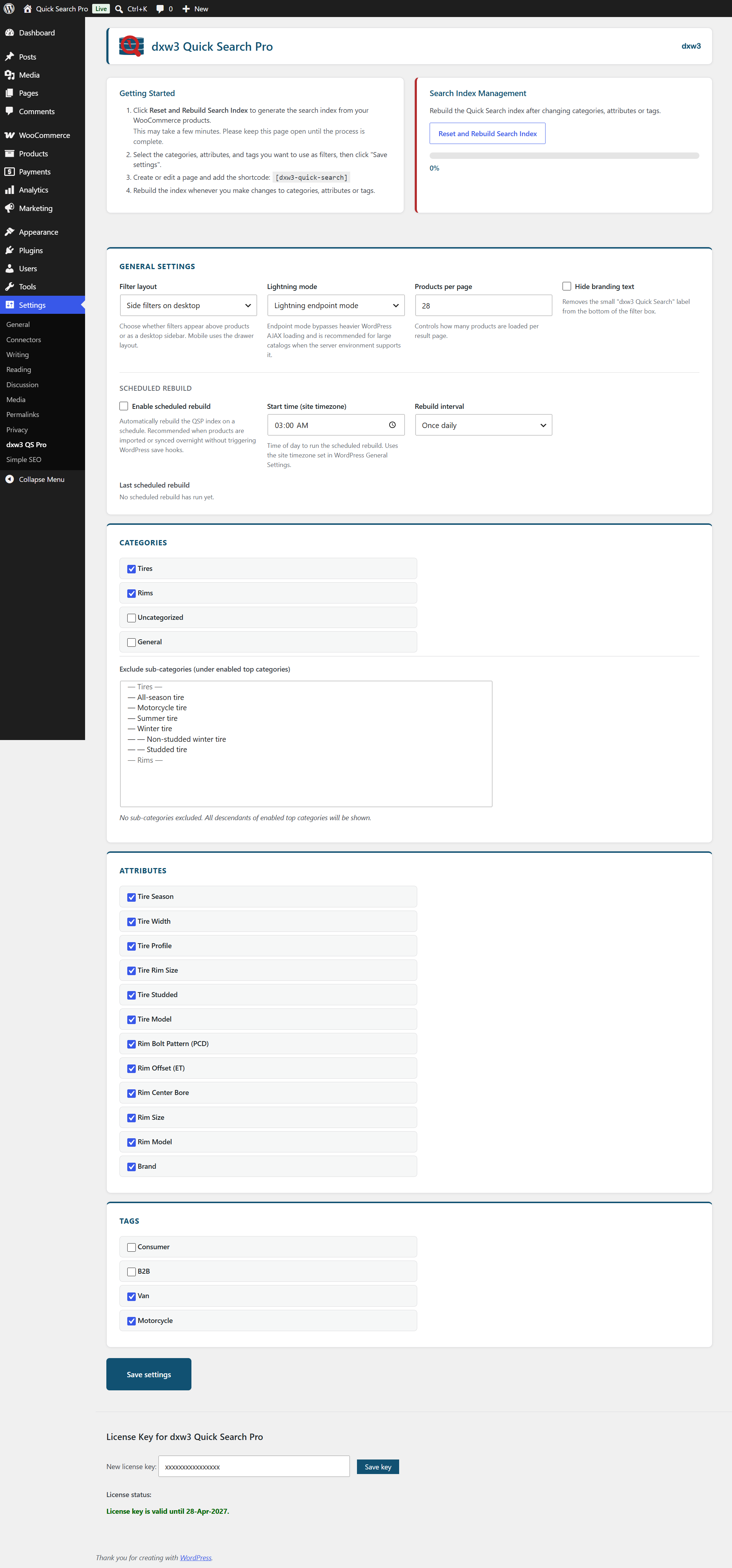 Quick Search Pro settings page