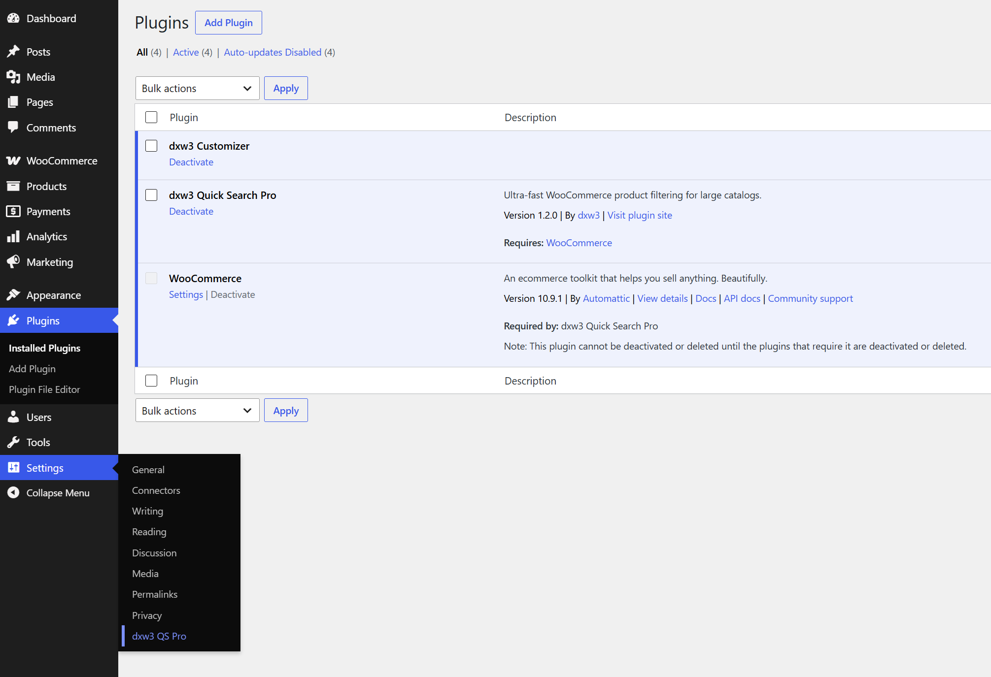 Quick Search Pro settings menu